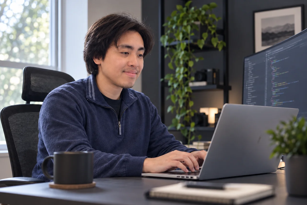 Neil coding at a desk — AI portrait