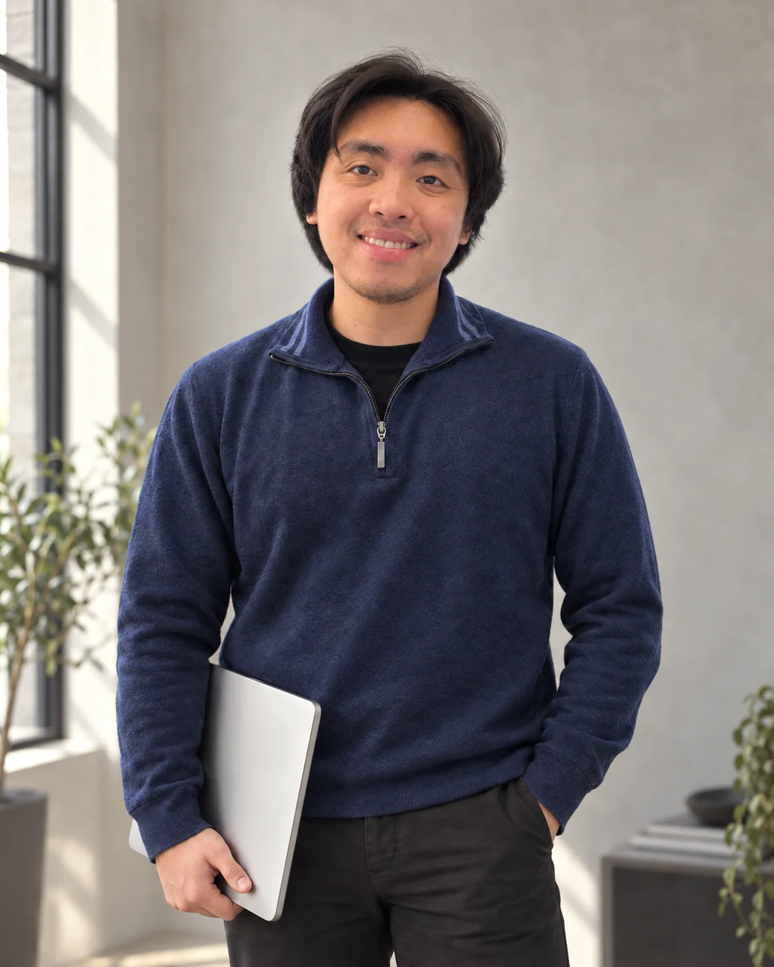 Neil Busque holding a laptop — AI portrait based on his photographs